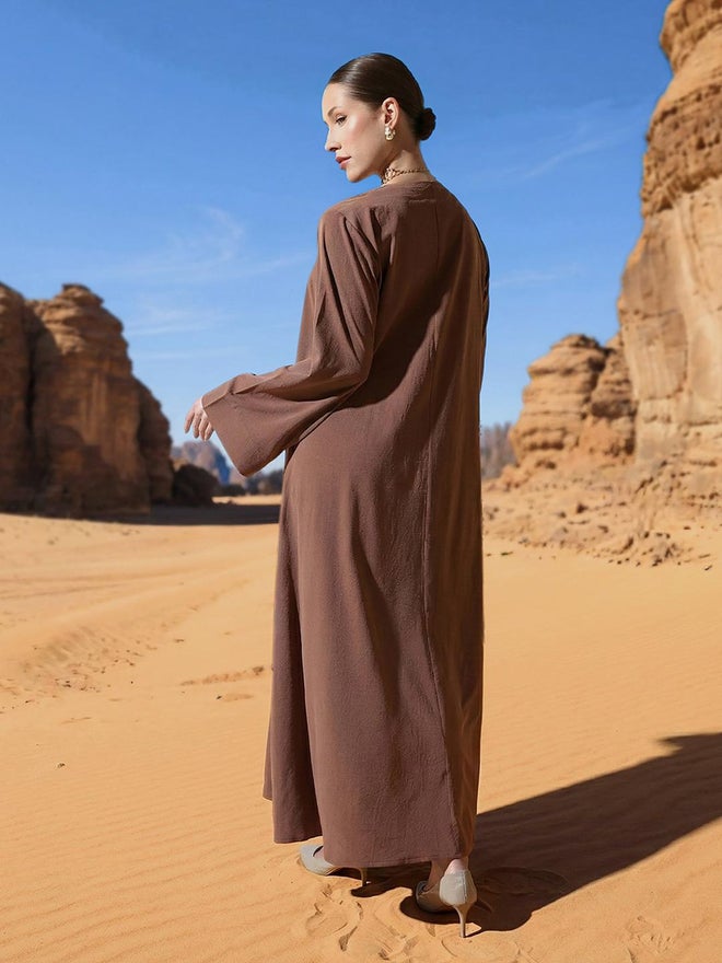 ISHIN Brown Georgette Regular Abaya with Embellished Hijab - Image 5
